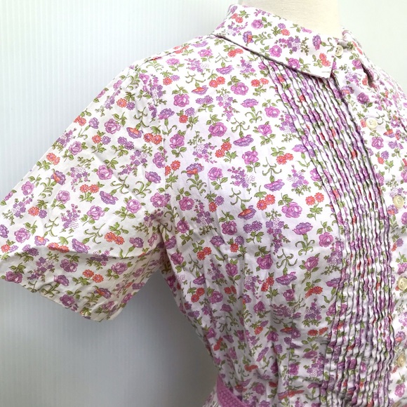 Vintage 60’s pink & purple floral cotton button down belted shirt dress - Picture 3 of 12